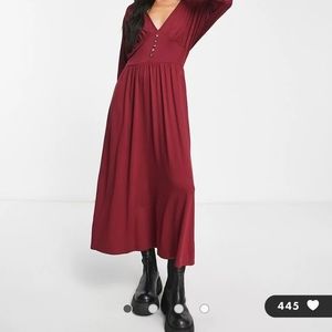Waisted design ASOS long sleeve midi tea dress with buttons in burgundy